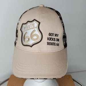 Historic Route 66 Get Your Kicks On Tan Brown Baseball Cap Trucker Hat Strapback